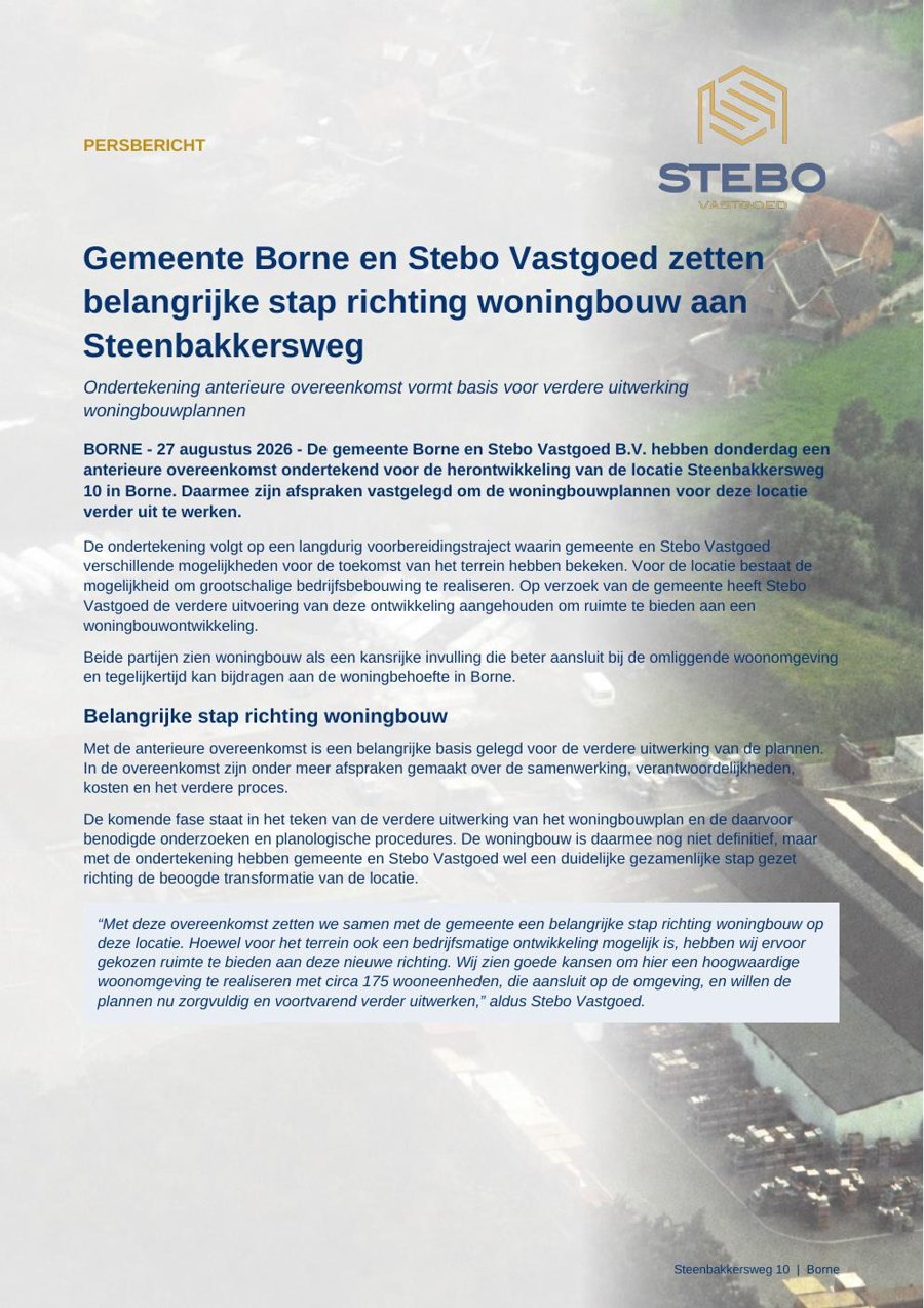 Persbericht Steenbakkersweg 10 Borne, 27 augustus 2026